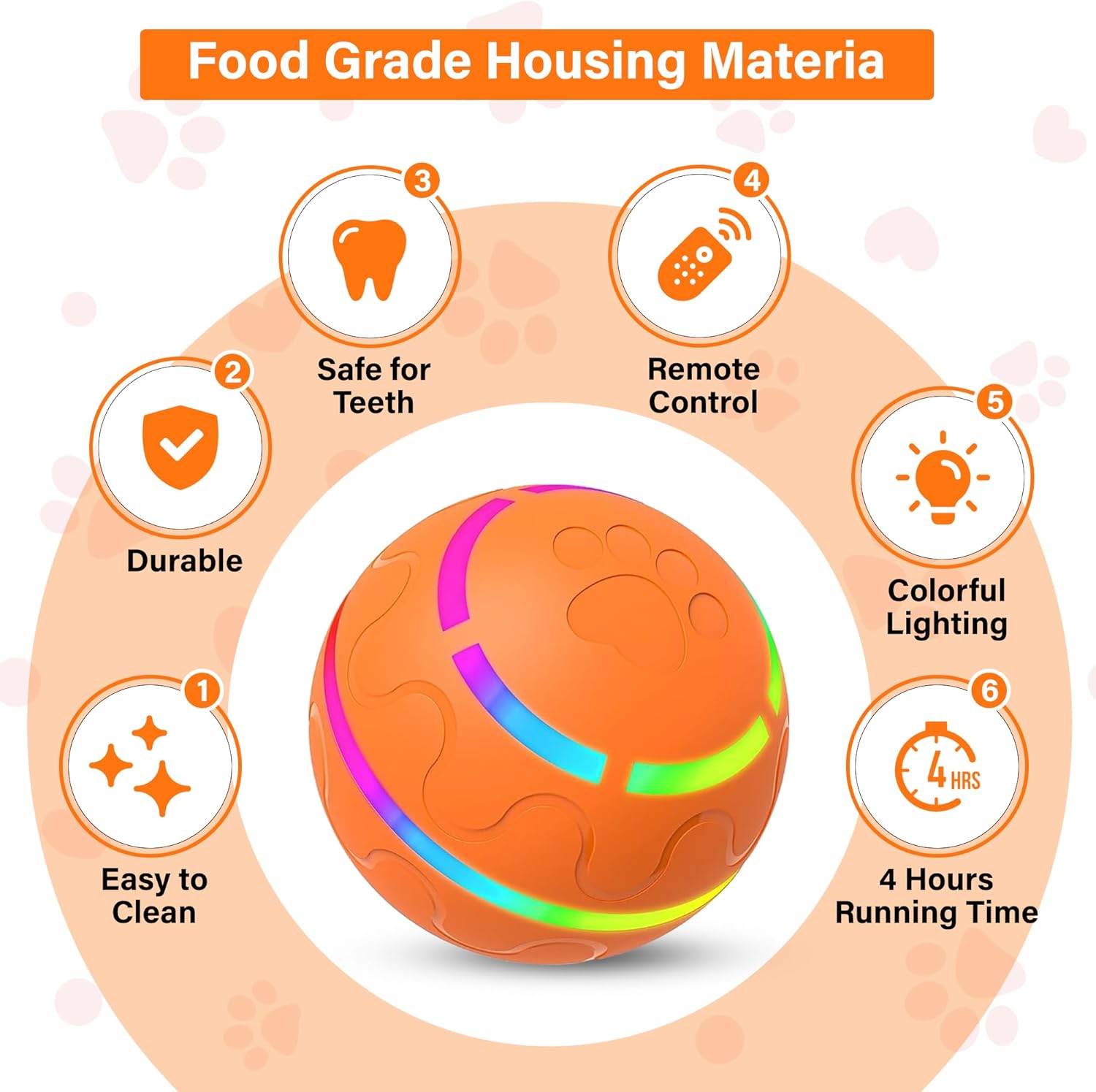 New Interactive Dog Toy with Remote Control and LED Flash Light, Self Rolling USB Rechargeable Ball That has 2 Modes, Motion Activated Ball Toys for Dogs/Cats with 2 Work Modes - Orange