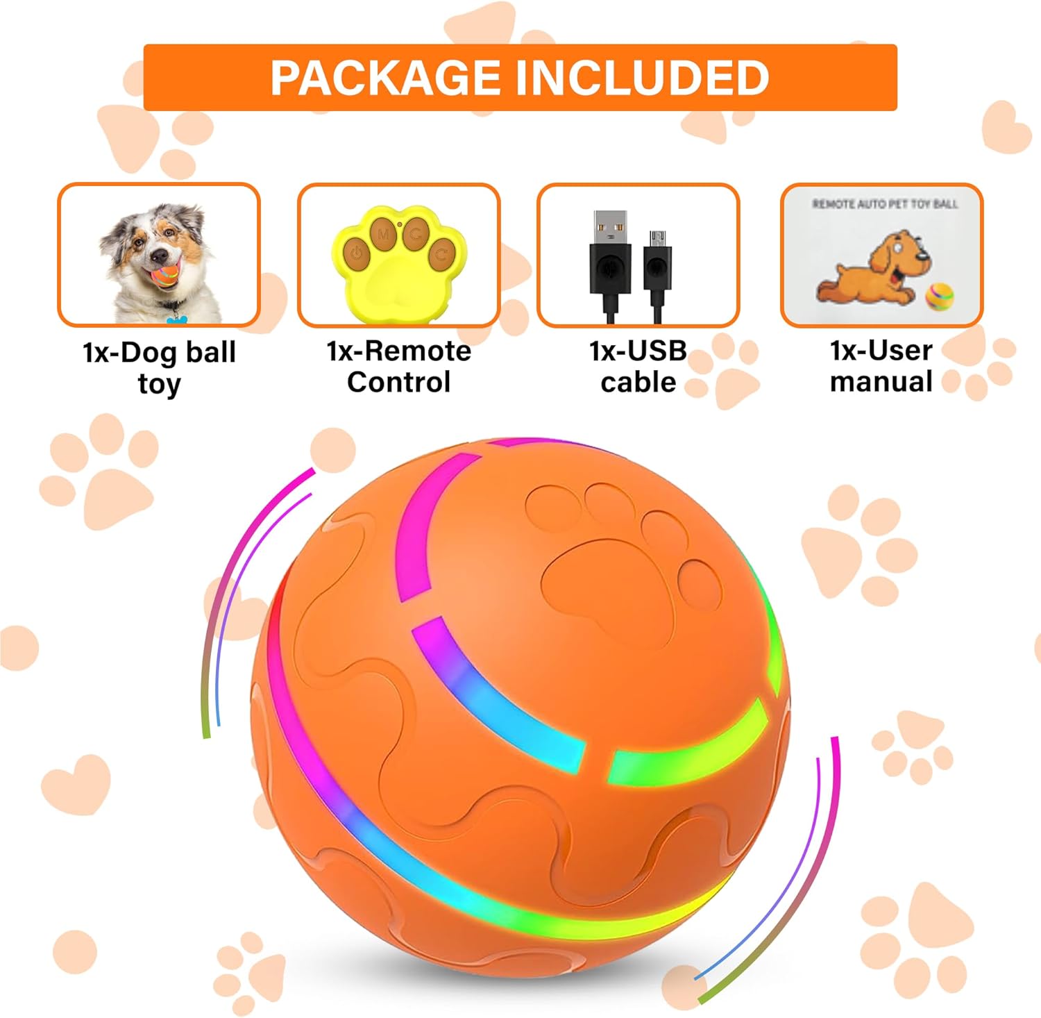New Interactive Dog Toy with Remote Control and LED Flash Light, Self Rolling USB Rechargeable Ball That has 2 Modes, Motion Activated Ball Toys for Dogs/Cats with 2 Work Modes - Orange
