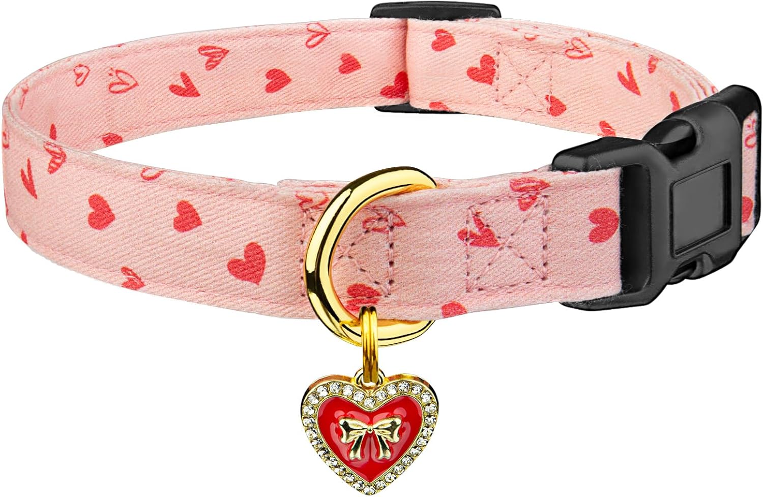 Cotton Handmade Dog Collar Cute and Distinctive Patterns White and Pink Love Heart with Pendant for Girl Boy Dogs Collars S
