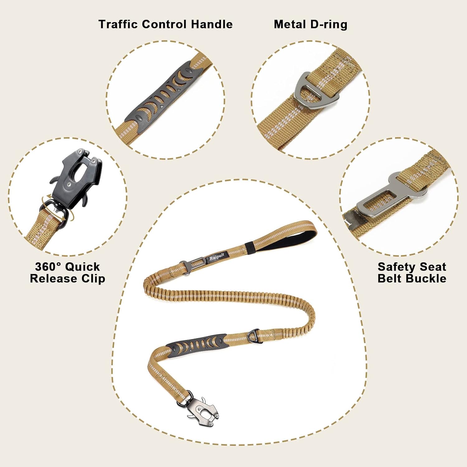 Raipult Heavy Duty Tactical Bungee Dog Leash, 4-6FT No Pull Leash with Quick Release Carabiner, Reflective Shock Absorbing Lead with Car Seatbelt for Medium Large Dogs,Khaki