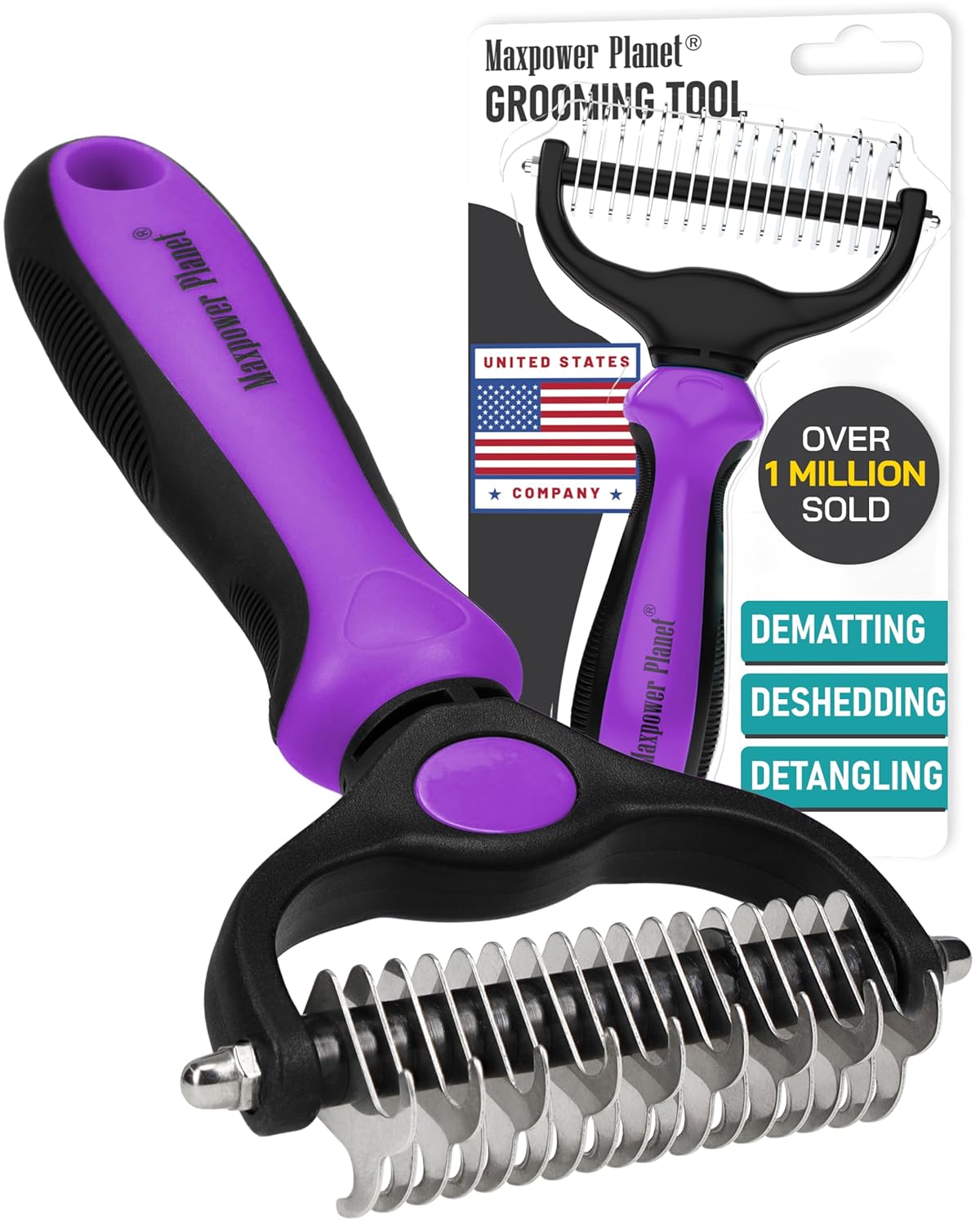Maxpower Planet Original Pet Grooming Rake - Double-Sided Deshedding Dematting Tool, Undercoat Rake for Dogs & Cats, Extra-Wide Dog Grooming Brush & Deshedder Comb for Long Hair, Reduces Shedding 95%