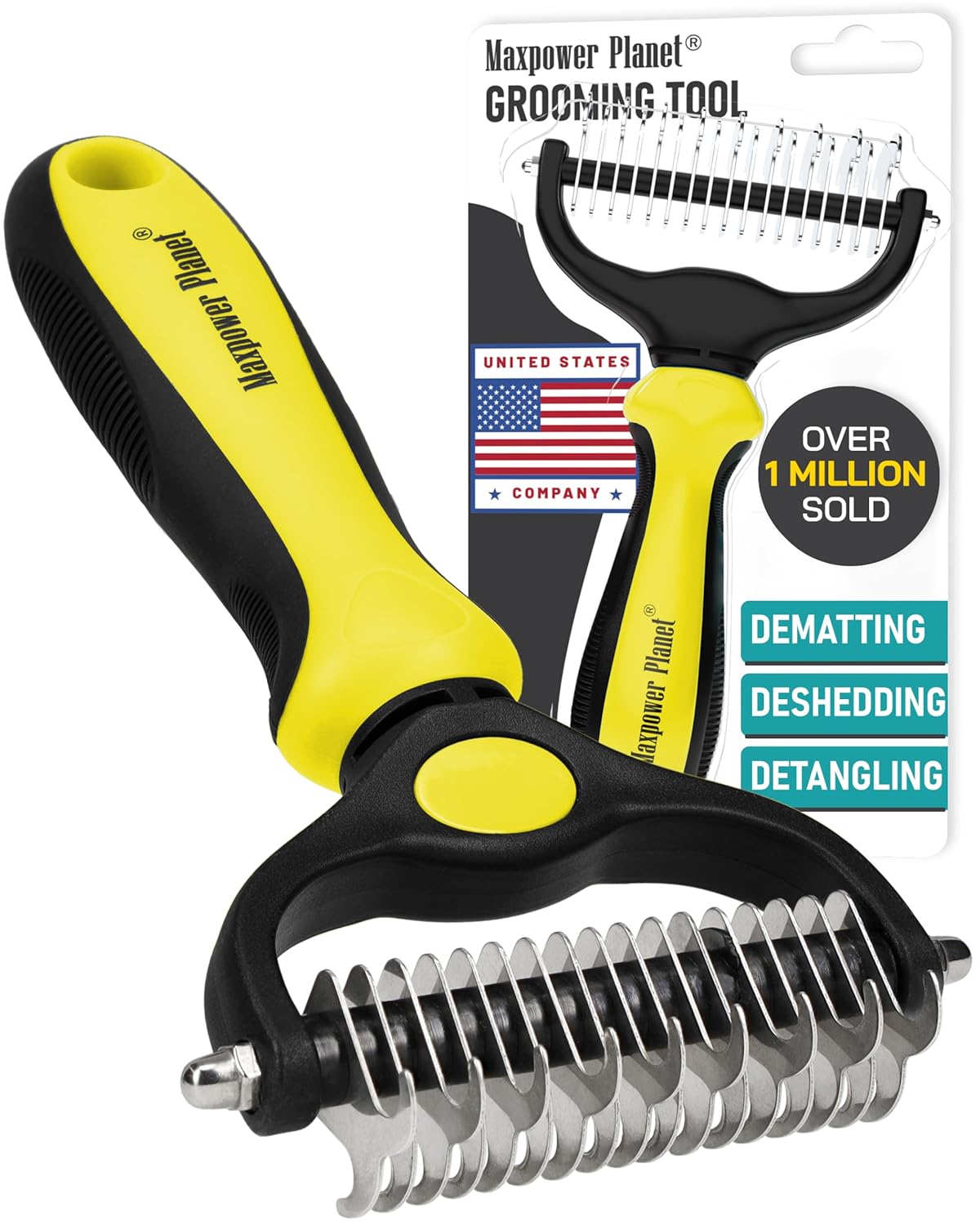 Maxpower Planet Original Pet Grooming Rake - Double-Sided Deshedding Dematting Tool, Undercoat Rake for Dogs & Cats, Extra-Wide Dog Grooming Brush & Deshedder Comb for Long Hair, Reduces Shedding 95%