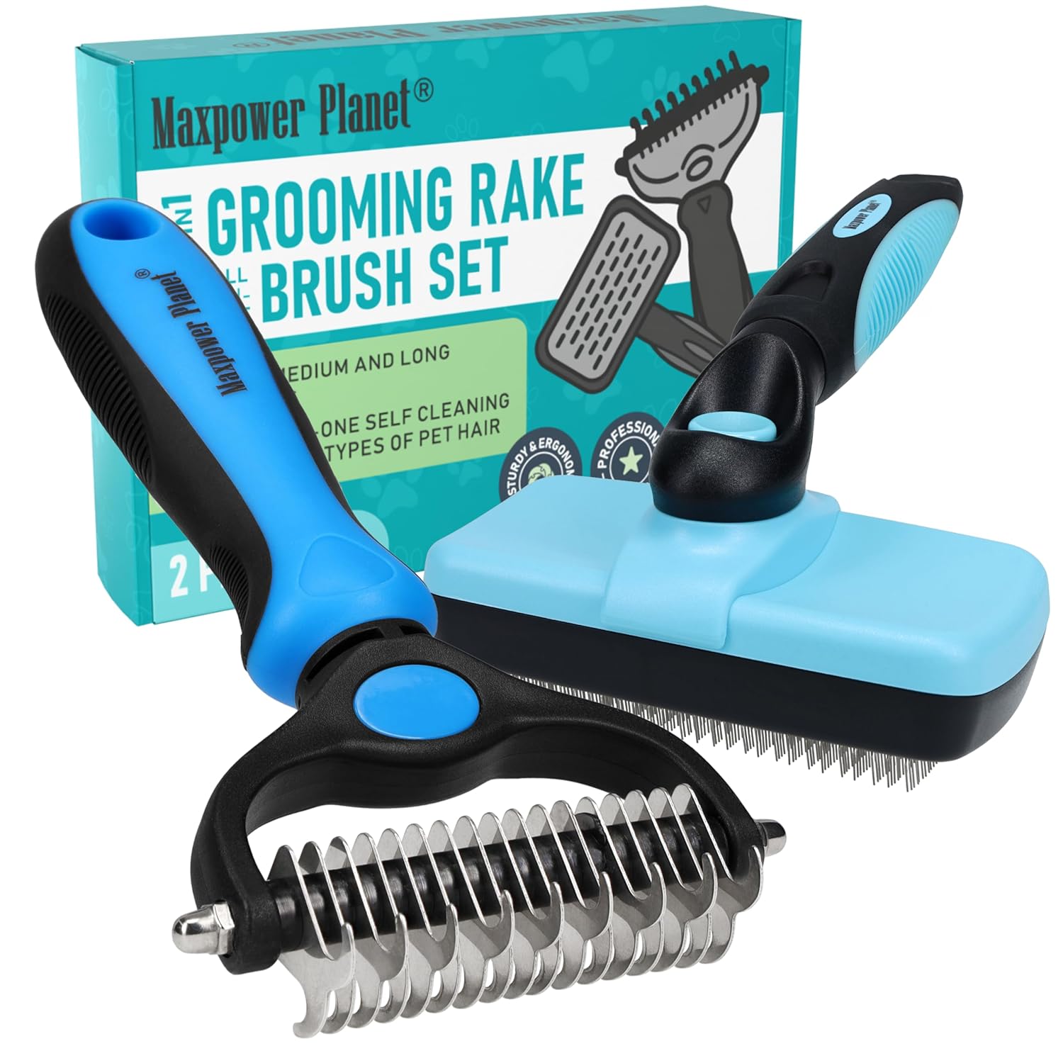 Maxpower Planet Original Pet Grooming Rake - Double-Sided Deshedding Dematting Tool, Undercoat Rake for Dogs & Cats, Extra-Wide Dog Grooming Brush & Deshedder Comb for Long Hair, Reduces Shedding 95%