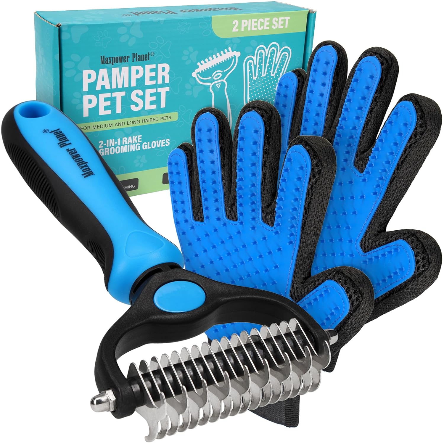 Maxpower Planet Original Pet Grooming Rake - Double-Sided Deshedding Dematting Tool, Undercoat Rake for Dogs & Cats, Extra-Wide Dog Grooming Brush & Deshedder Comb for Long Hair, Reduces Shedding 95%