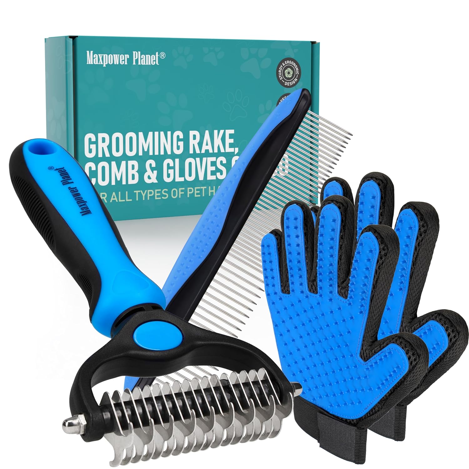 Maxpower Planet Original Pet Grooming Rake - Double-Sided Deshedding Dematting Tool, Undercoat Rake for Dogs & Cats, Extra-Wide Dog Grooming Brush & Deshedder Comb for Long Hair, Reduces Shedding 95%
