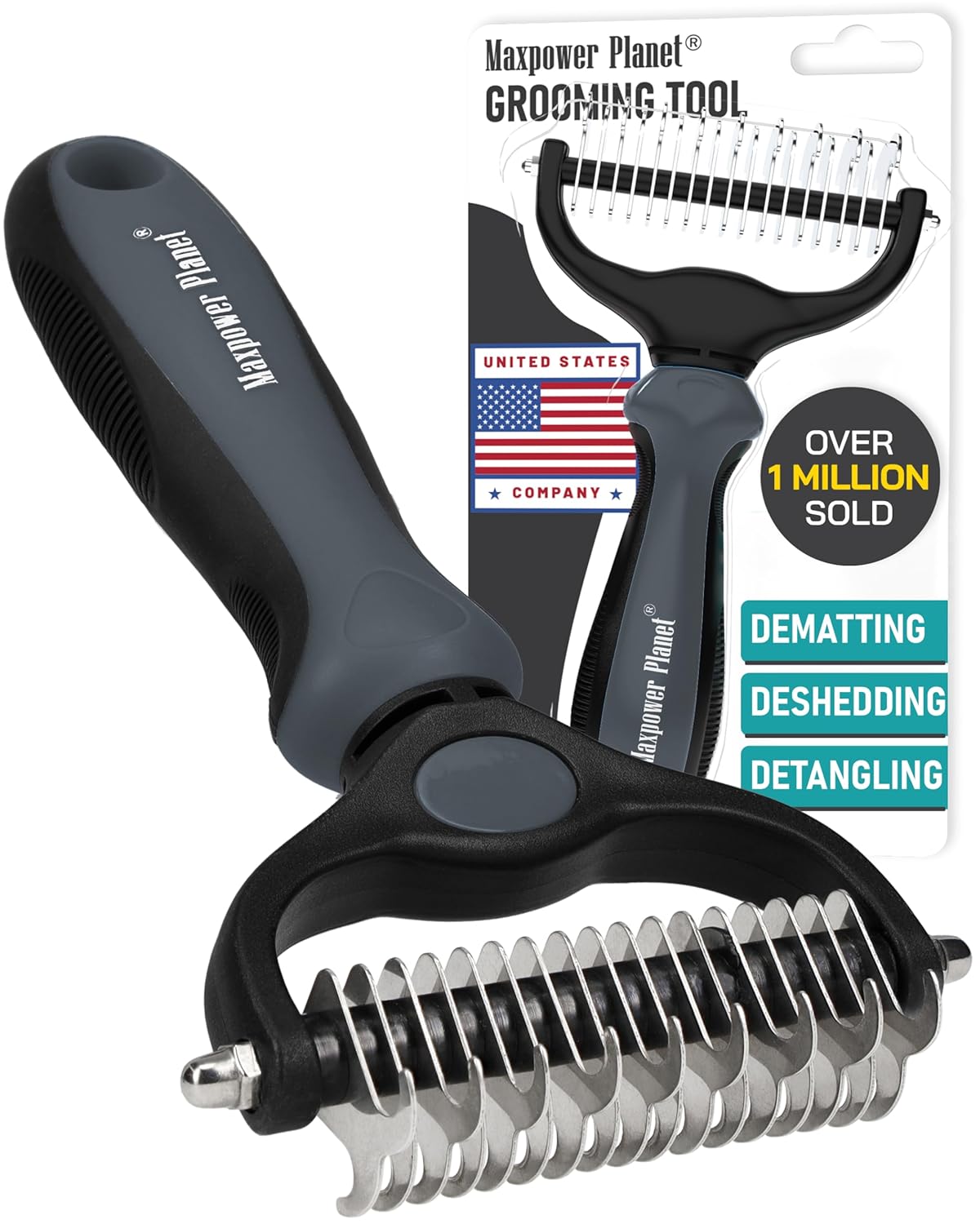 Maxpower Planet Original Pet Grooming Rake - Double-Sided Deshedding Dematting Tool, Undercoat Rake for Dogs & Cats, Extra-Wide Dog Grooming Brush & Deshedder Comb for Long Hair, Reduces Shedding 95%
