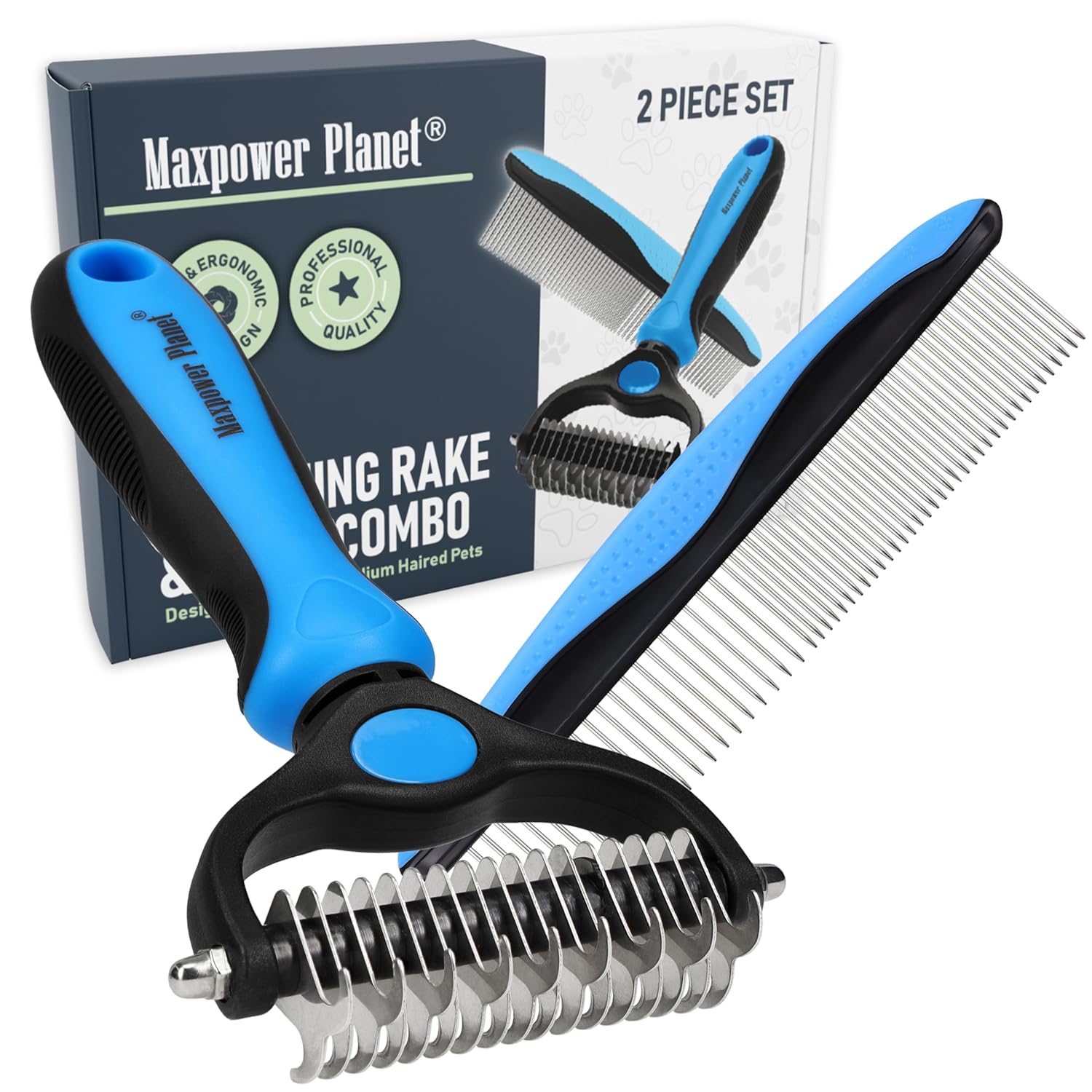 Maxpower Planet Original Pet Grooming Rake - Double-Sided Deshedding Dematting Tool, Undercoat Rake for Dogs & Cats, Extra-Wide Dog Grooming Brush & Deshedder Comb for Long Hair, Reduces Shedding 95%