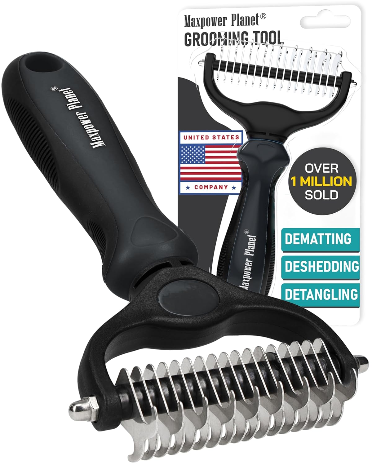 Maxpower Planet Original Pet Grooming Rake - Double-Sided Deshedding Dematting Tool, Undercoat Rake for Dogs & Cats, Extra-Wide Dog Grooming Brush & Deshedder Comb for Long Hair, Reduces Shedding 95%