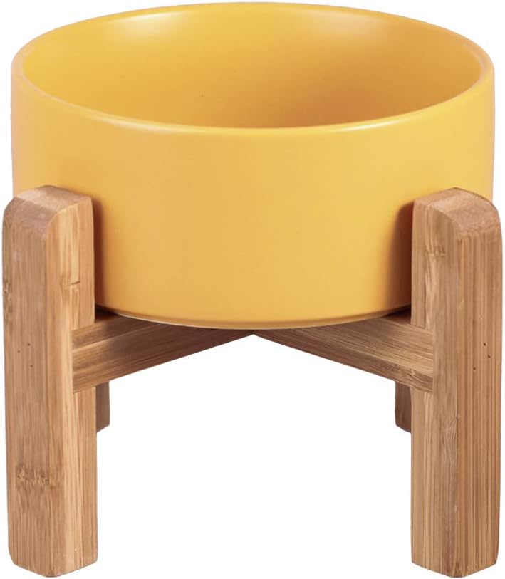 Elevated Ceramic Cat Bowl - Cat Food Bowl with Bamboo Stand - Raised Dog Dish for Puppies - Anti Vomiting, Stress Free - 13.5 oz / 400 ml - White