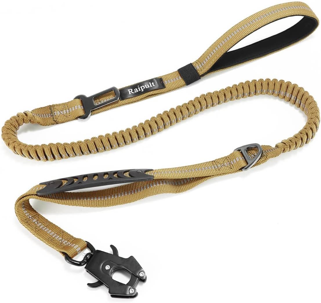 Raipult Heavy Duty Tactical Bungee Dog Leash, 4-6FT No Pull Leash with Quick Release Carabiner, Reflective Shock Absorbing Lead with Car Seatbelt for Medium Large Dogs,Khaki