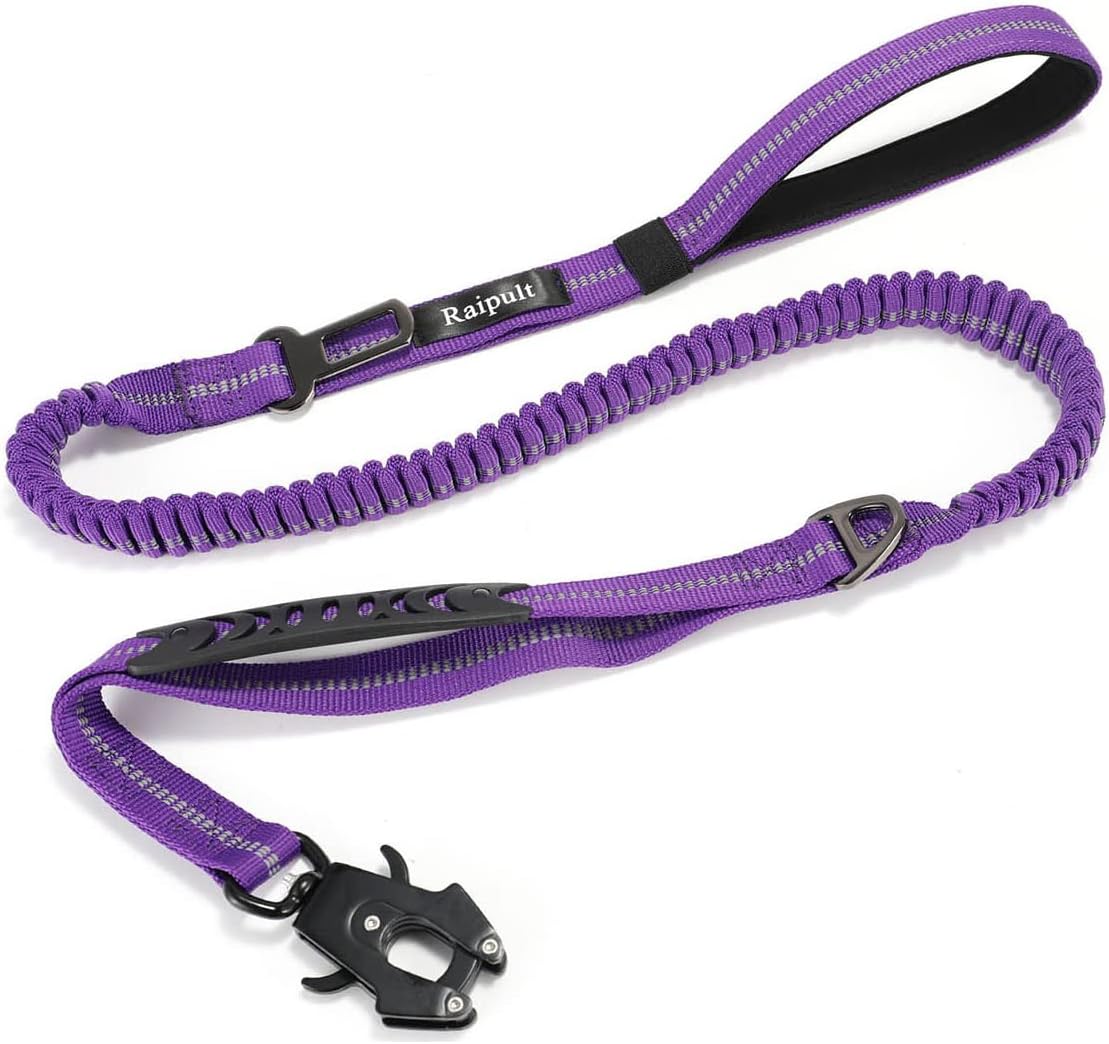 Raipult Heavy Duty Tactical Bungee Dog Leash, 4-6FT No Pull Leash with Quick Release Carabiner, Reflective Shock Absorbing Lead with Car Seatbelt for Medium Large Dogs,Khaki