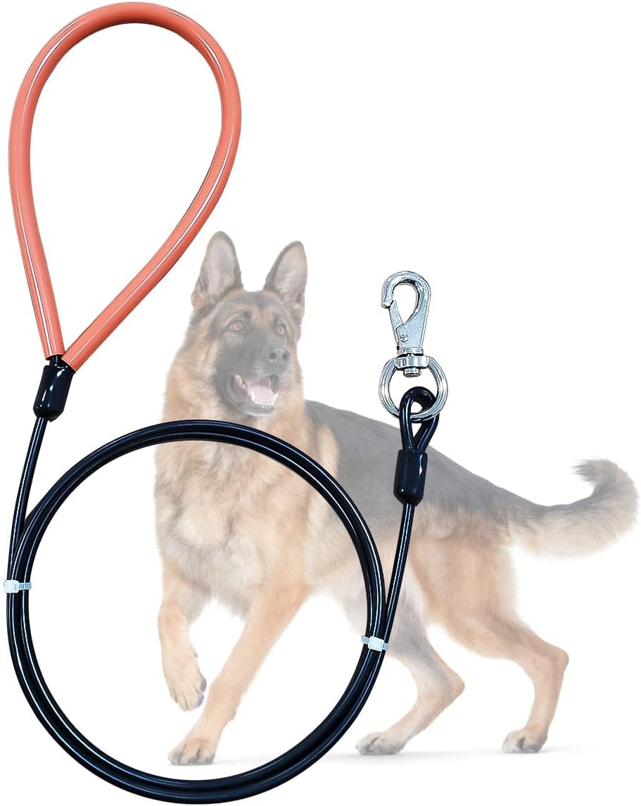 Heavy Duty Dog Leash, Chew Proof Metal Leash for Large Dogs (Up to 250lbs), 5ft WireRope Dog Leashes with Soft Silicone Grip,Black