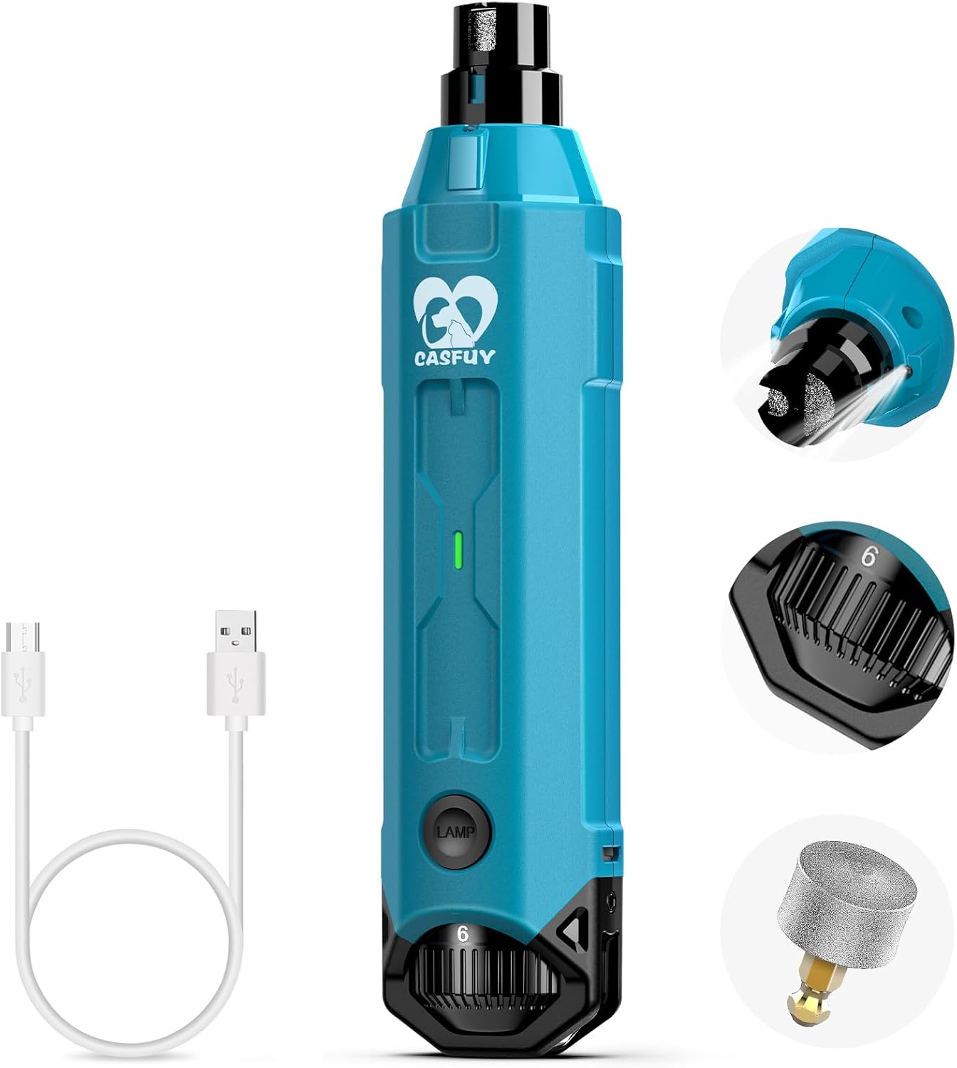 Casfuy 6-Speed Dog Nail Grinder - Newest Enhanced Pet Nail Grinder Super Quiet Rechargeable Electric Dog Nail Trimmer Painless Paws Grooming & Smoothing Tool for Large Medium Small Dogs (Blue)