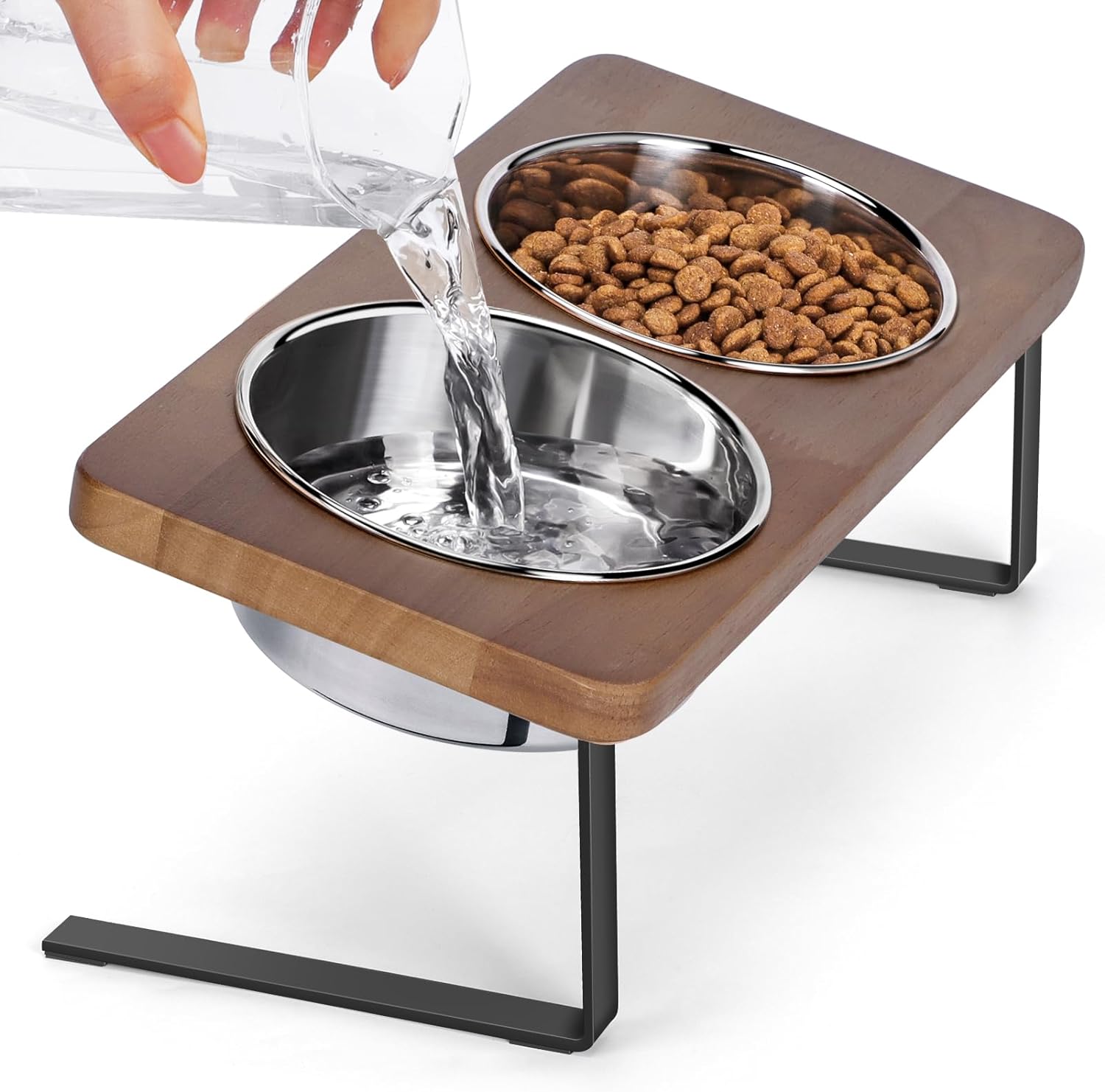 Elevated Cat Bowls, 15° Tilted Raised Cat Food Bowls Wood Pet Bowls with Stand Anti Vomiting 2 Stainless Steel Bowls for Cats and Puppy