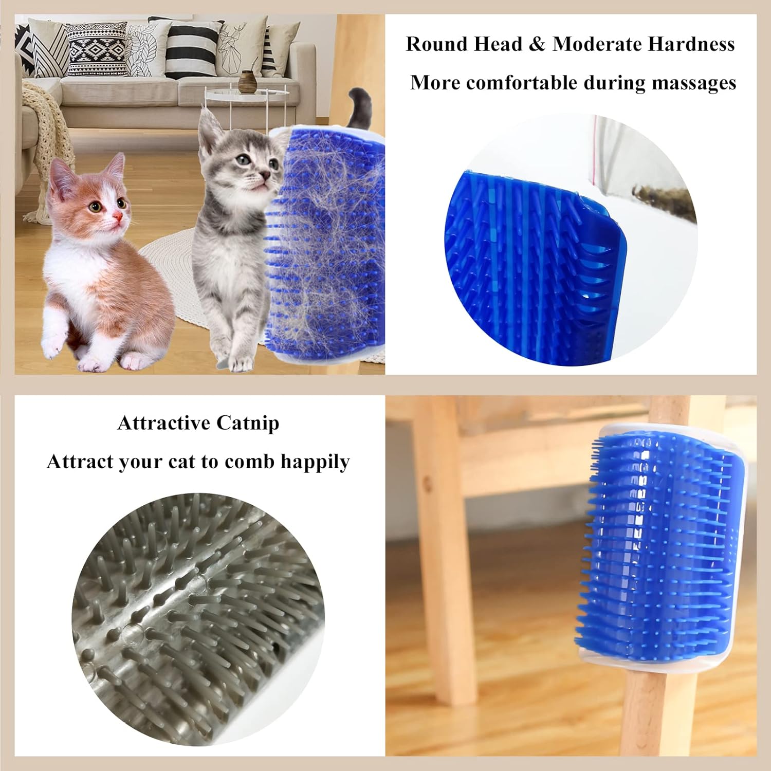 DOUBLE 2 C Hair Brush, Cat Wall Corner Groomers with Catnip, Soft Face Scratchers Brush, Corner Massage Comb for Long & Short Fur Cat Owners, All Ages