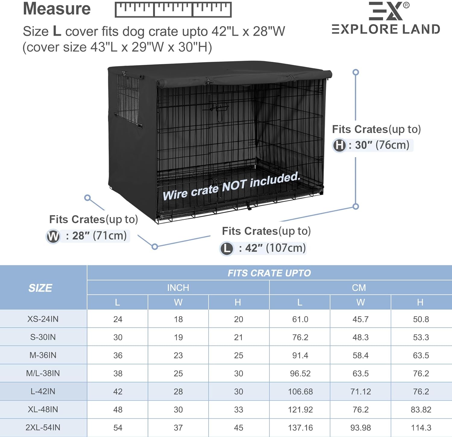 Explore Land Dog Crate Cover Heavy Duty Polyester Pet Kennel Sunshade Universal Fit for 42 inches Wire Cage (Black)