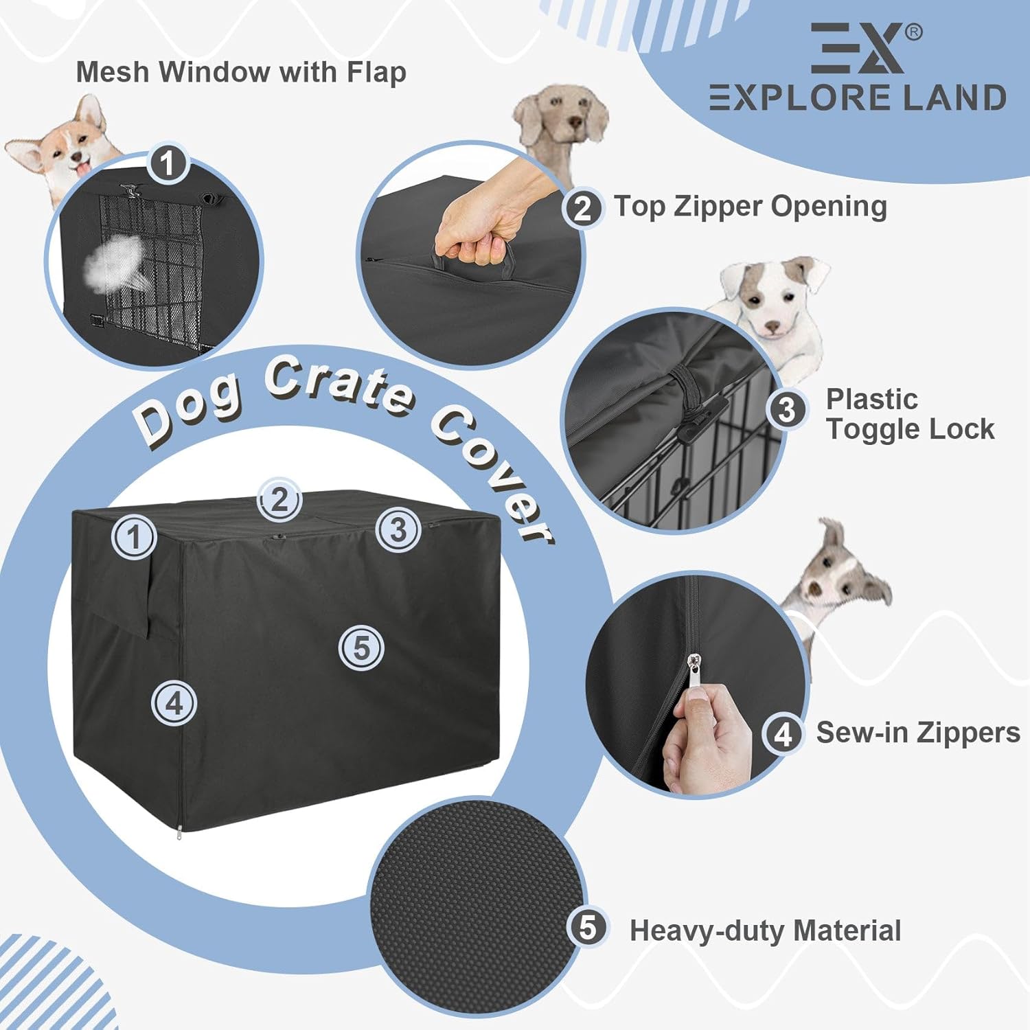 Explore Land Dog Crate Cover Heavy Duty Polyester Pet Kennel Sunshade Universal Fit for 42 inches Wire Cage (Black)