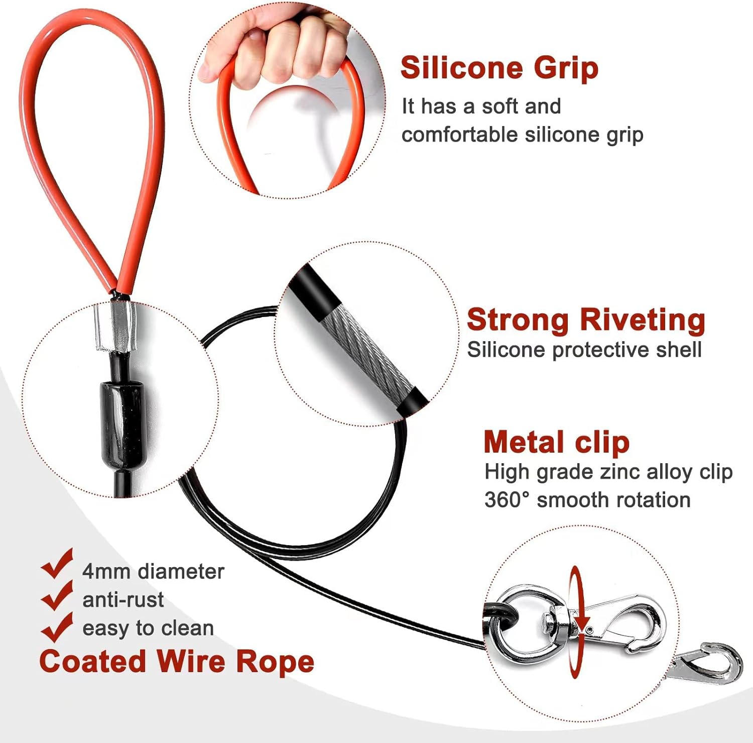 Heavy Duty Dog Leash, Chew Proof Metal Leash for Large Dogs (Up to 250lbs), 5ft WireRope Dog Leashes with Soft Silicone Grip,Black