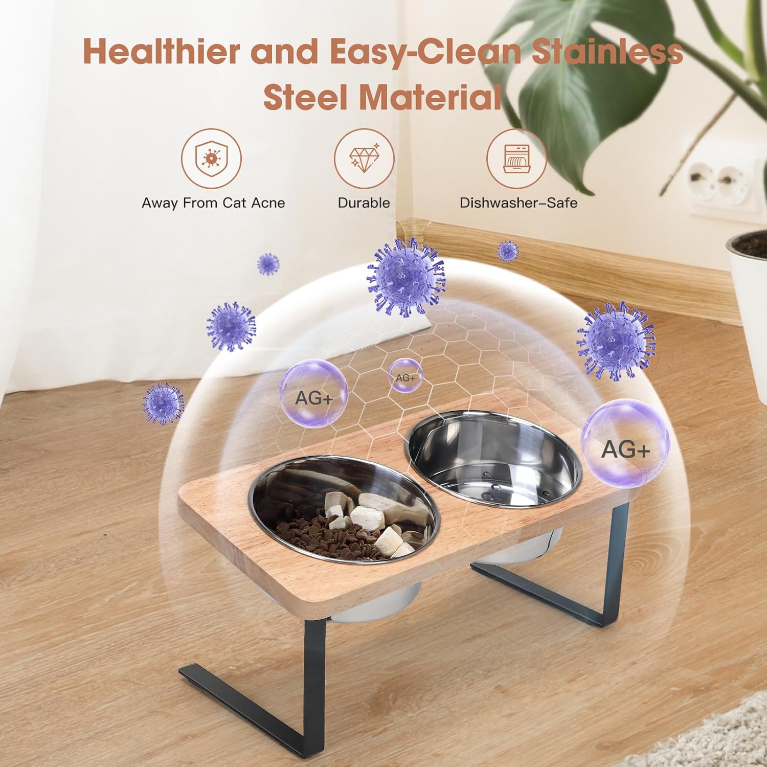 Elevated Cat Bowls, 15° Tilted Raised Cat Food Bowls Wood Pet Bowls with Stand Anti Vomiting 2 Stainless Steel Bowls for Cats and Puppy