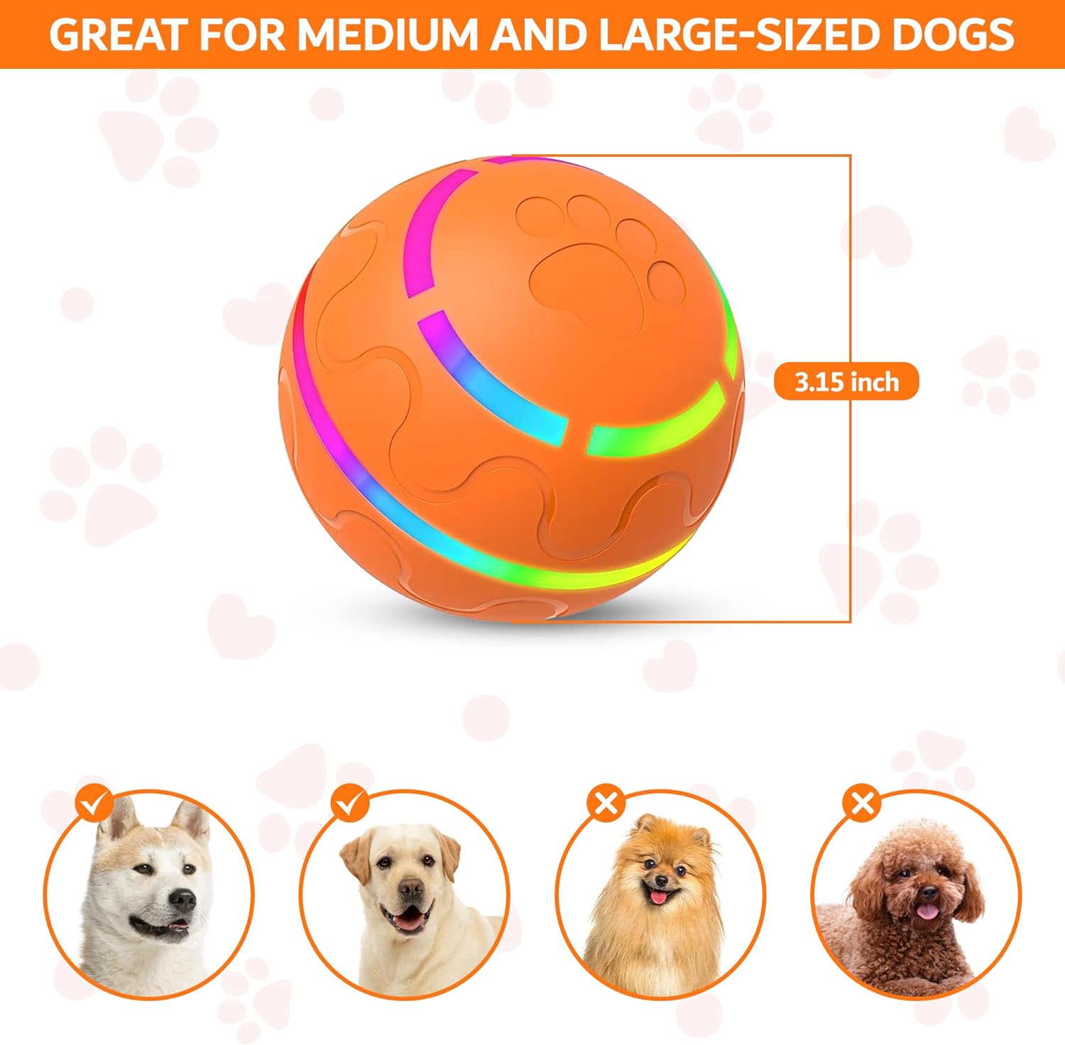 New Interactive Dog Toy with Remote Control and LED Flash Light, Self Rolling USB Rechargeable Ball That has 2 Modes, Motion Activated Ball Toys for Dogs/Cats with 2 Work Modes - Orange