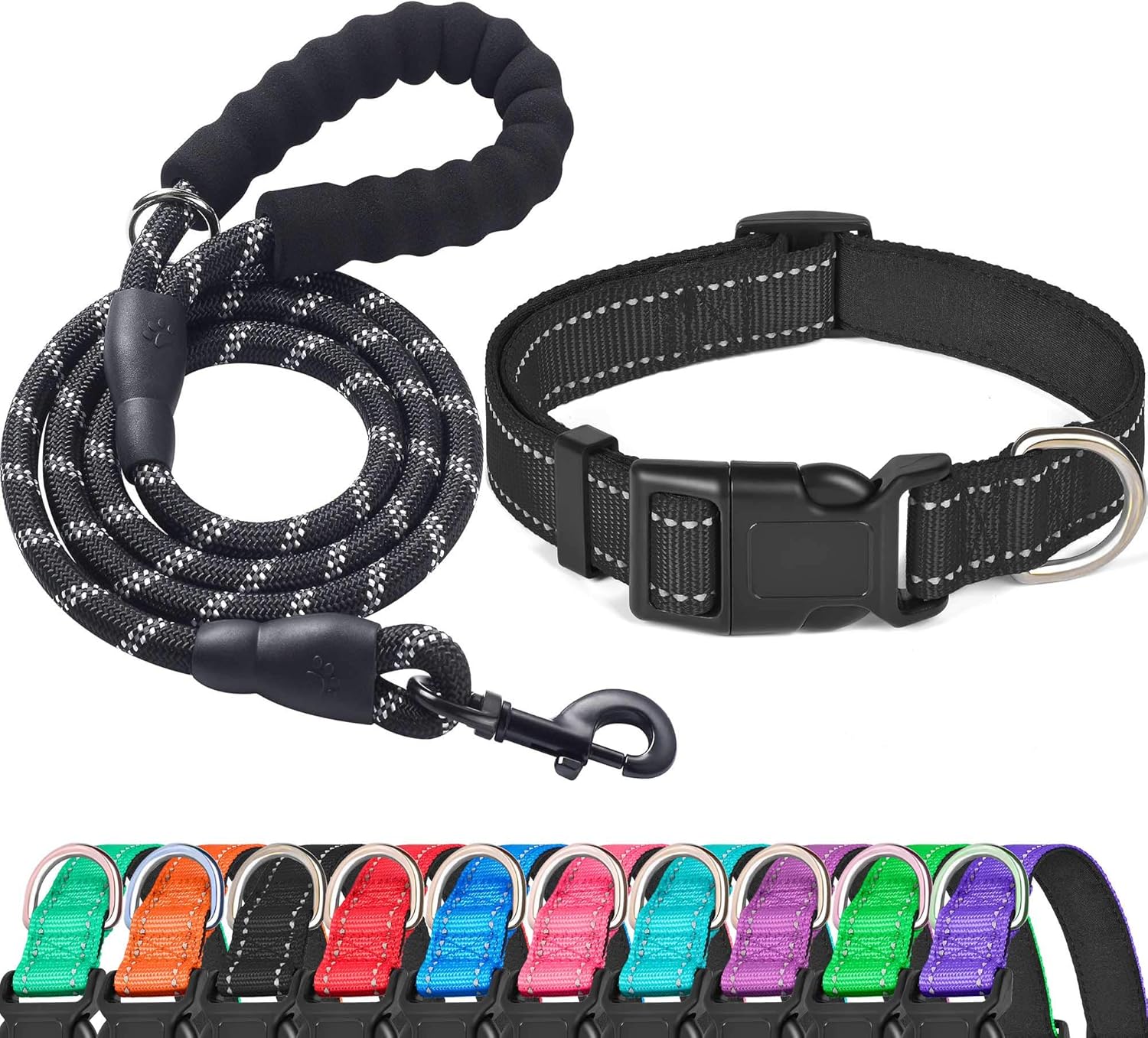 Reflective Dog Collar Padded with Soft Neoprene Breathable Adjustable Nylon Dog Collars for Small Medium Large Dogs (Medium (Pack of 1), Blue Collar+Leash)