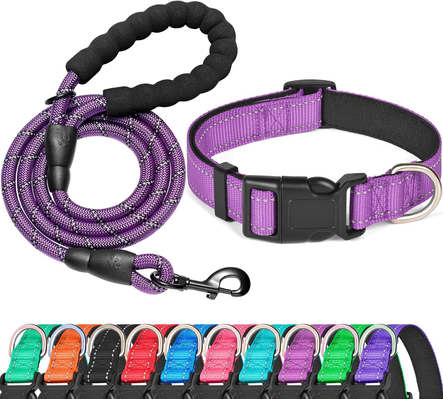 Reflective Dog Collar Padded with Soft Neoprene Breathable Adjustable Nylon Dog Collars for Small Medium Large Dogs (Medium (Pack of 1), Blue Collar+Leash)