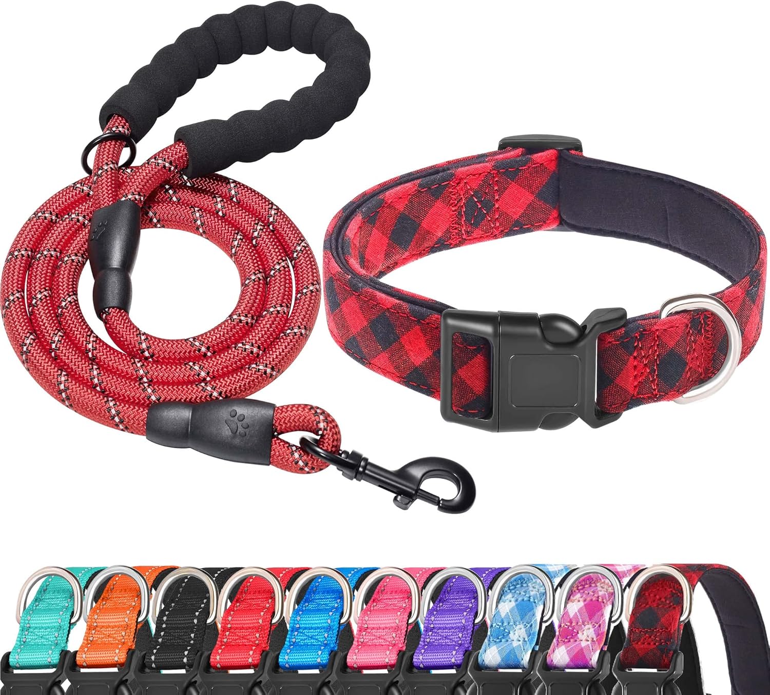Reflective Dog Collar Padded with Soft Neoprene Breathable Adjustable Nylon Dog Collars for Small Medium Large Dogs (Medium (Pack of 1), Blue Collar+Leash)