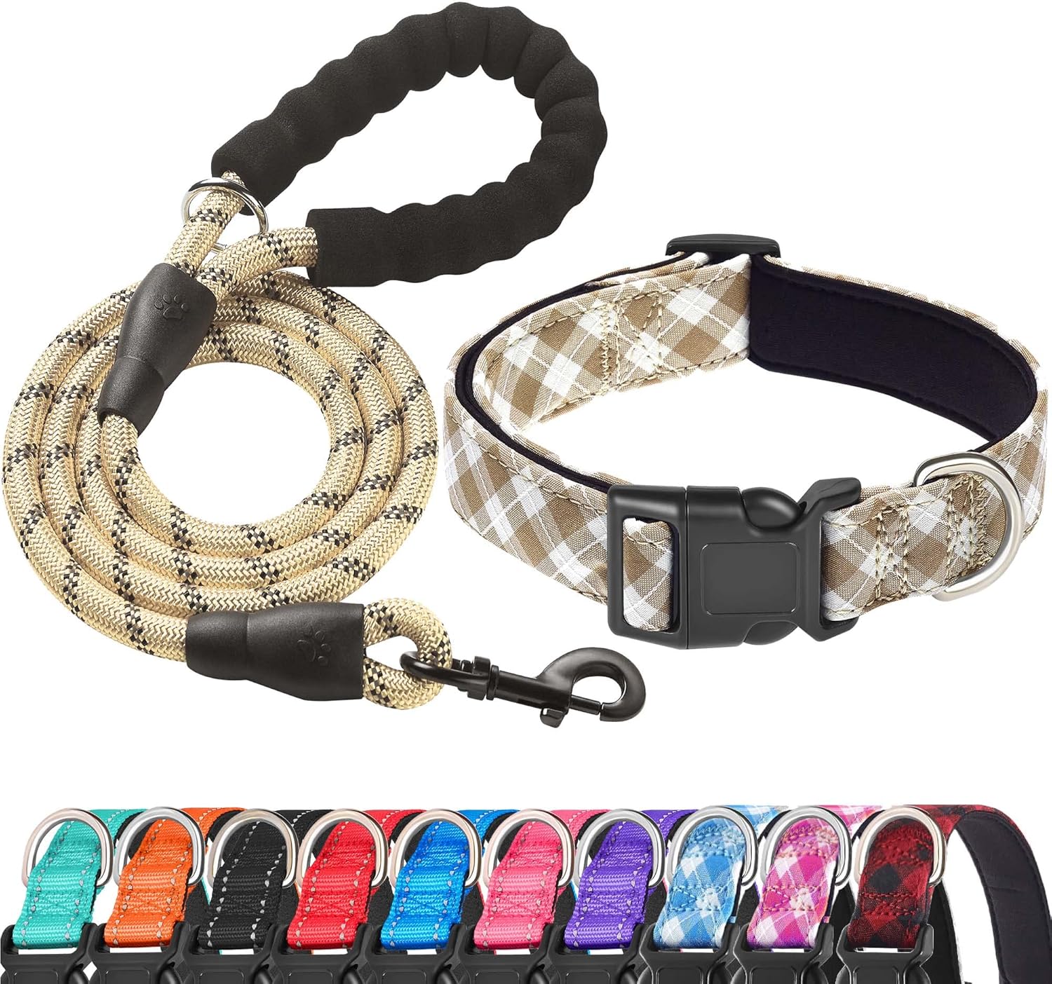 Reflective Dog Collar Padded with Soft Neoprene Breathable Adjustable Nylon Dog Collars for Small Medium Large Dogs (Medium (Pack of 1), Blue Collar+Leash)