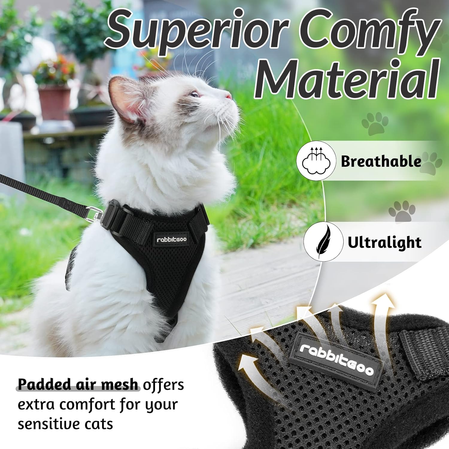 rabbitgoo Cat Harness and Leash for Walking, Escape Proof Soft Adjustable Vest Harnesses for Cats, Easy Control Breathable Reflective Strips Jacket, Black, S