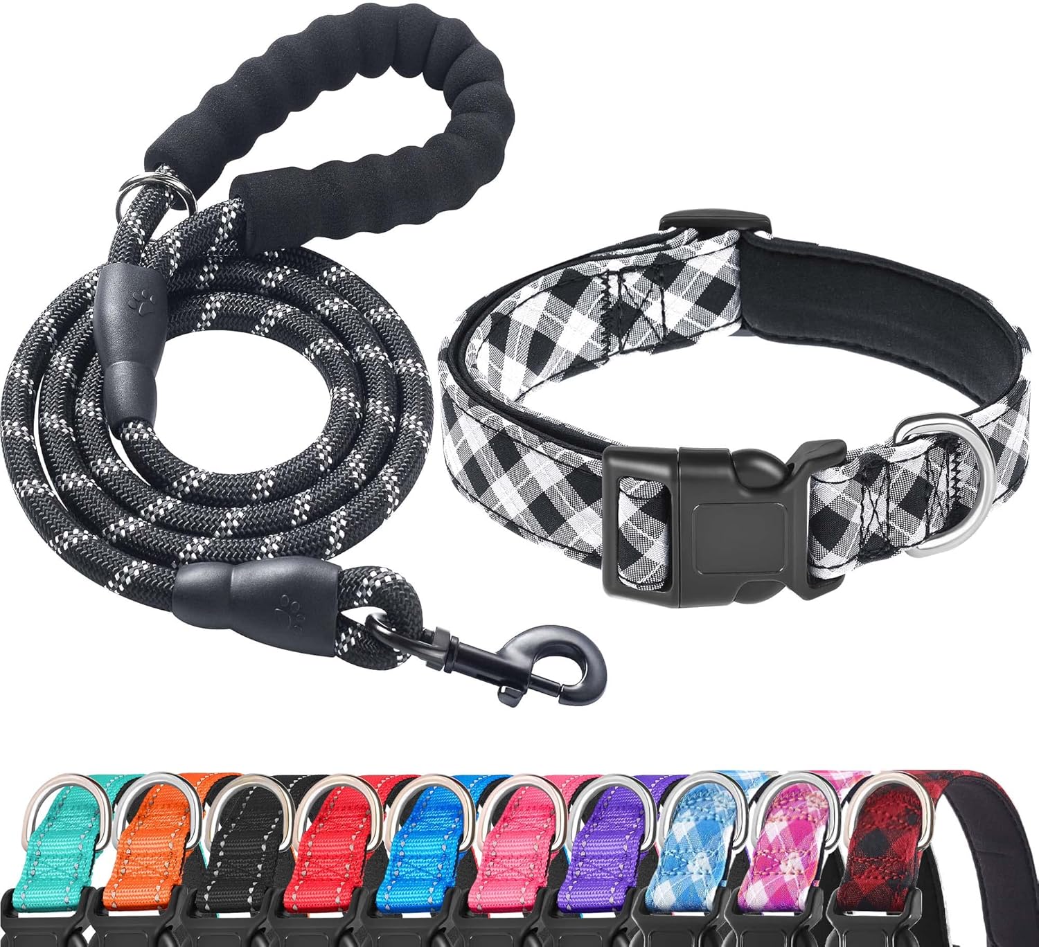 Reflective Dog Collar Padded with Soft Neoprene Breathable Adjustable Nylon Dog Collars for Small Medium Large Dogs (Medium (Pack of 1), Blue Collar+Leash)