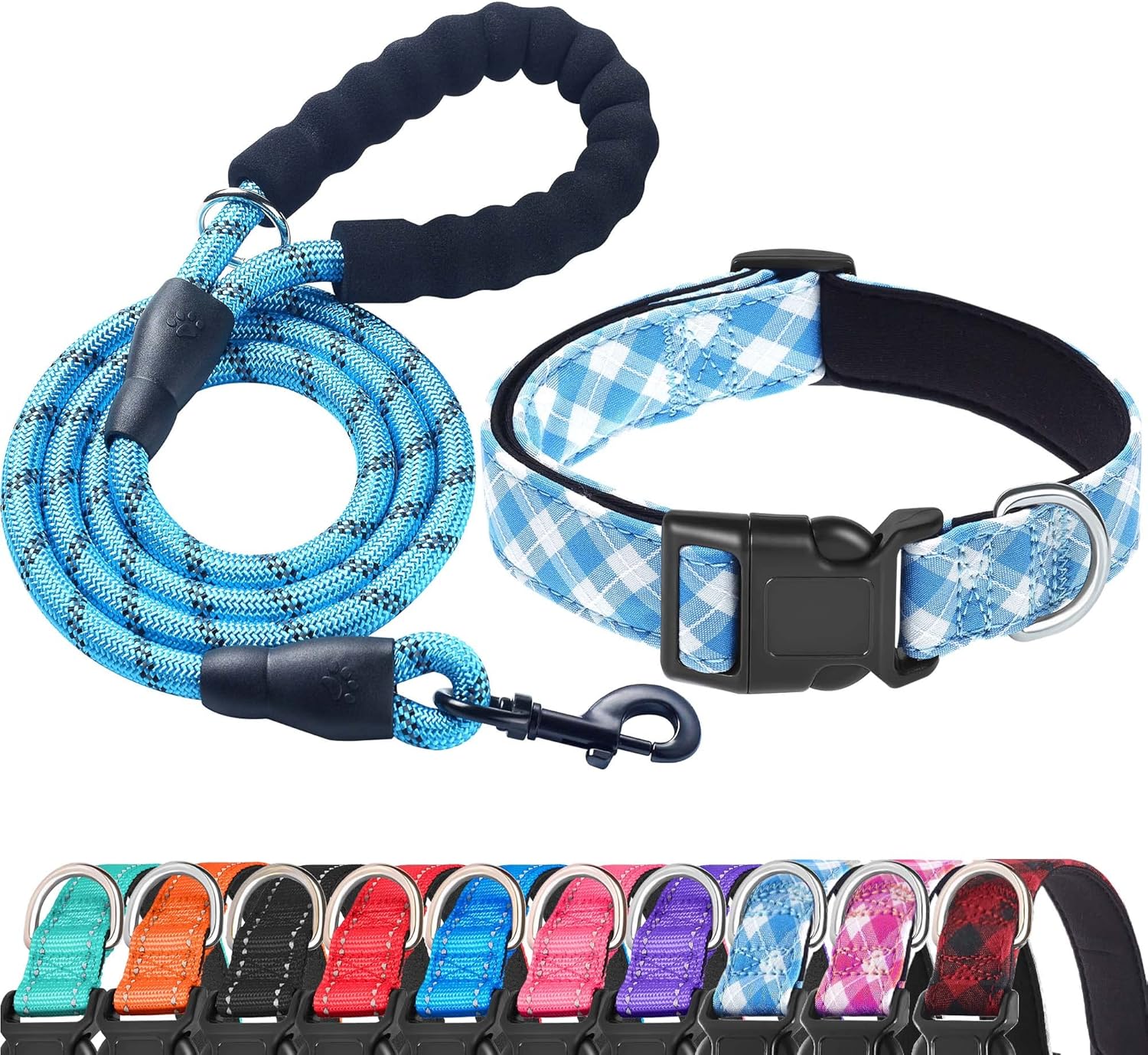 Reflective Dog Collar Padded with Soft Neoprene Breathable Adjustable Nylon Dog Collars for Small Medium Large Dogs (Medium (Pack of 1), Blue Collar+Leash)