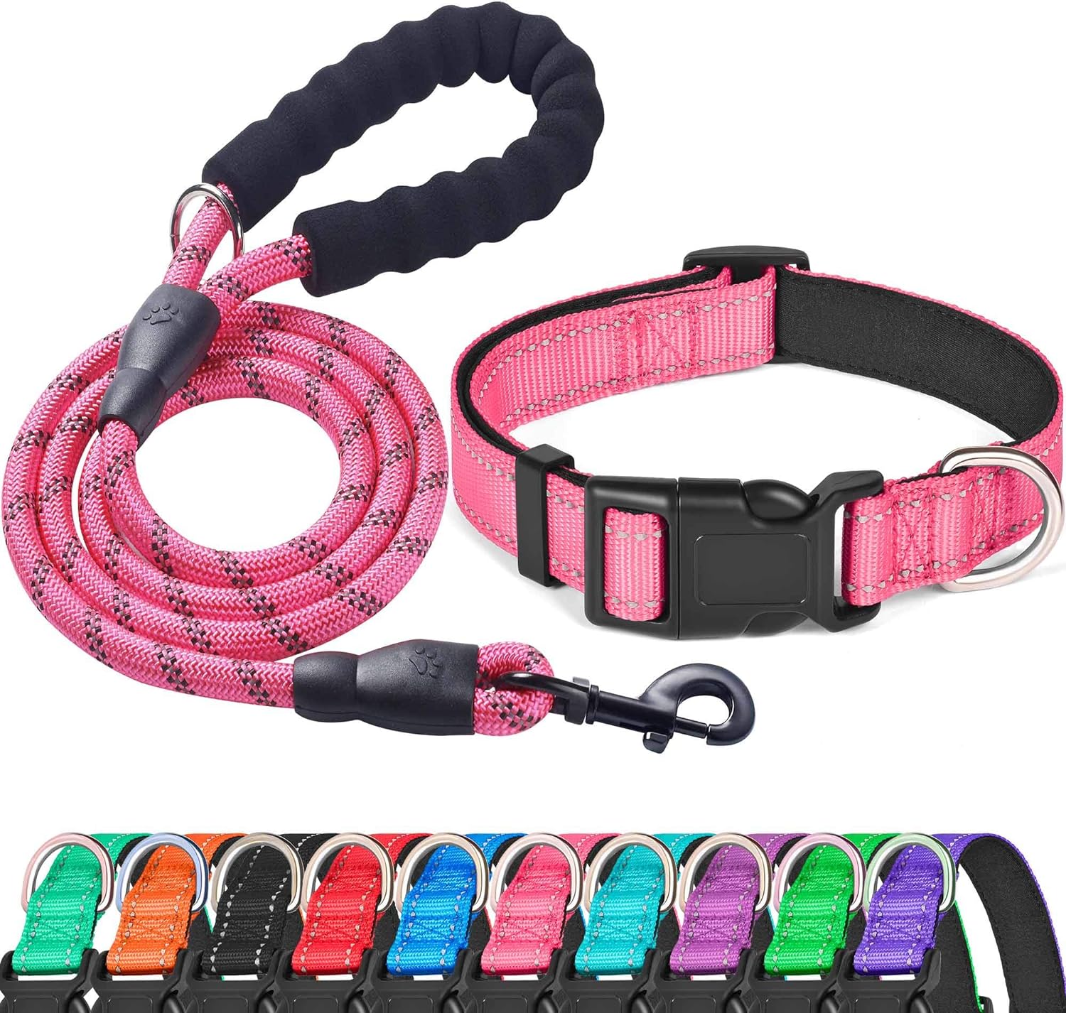 Reflective Dog Collar Padded with Soft Neoprene Breathable Adjustable Nylon Dog Collars for Small Medium Large Dogs (Medium (Pack of 1), Blue Collar+Leash)