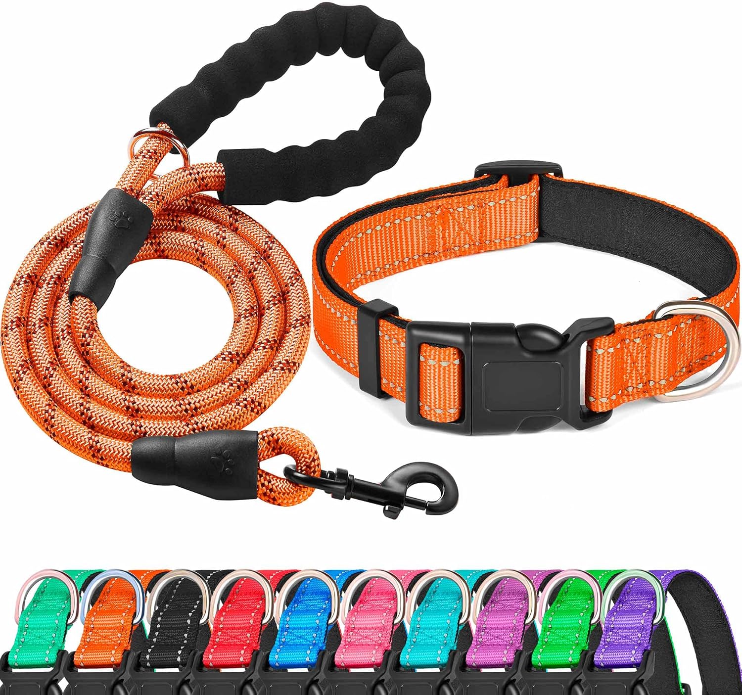 Reflective Dog Collar Padded with Soft Neoprene Breathable Adjustable Nylon Dog Collars for Small Medium Large Dogs (Medium (Pack of 1), Blue Collar+Leash)