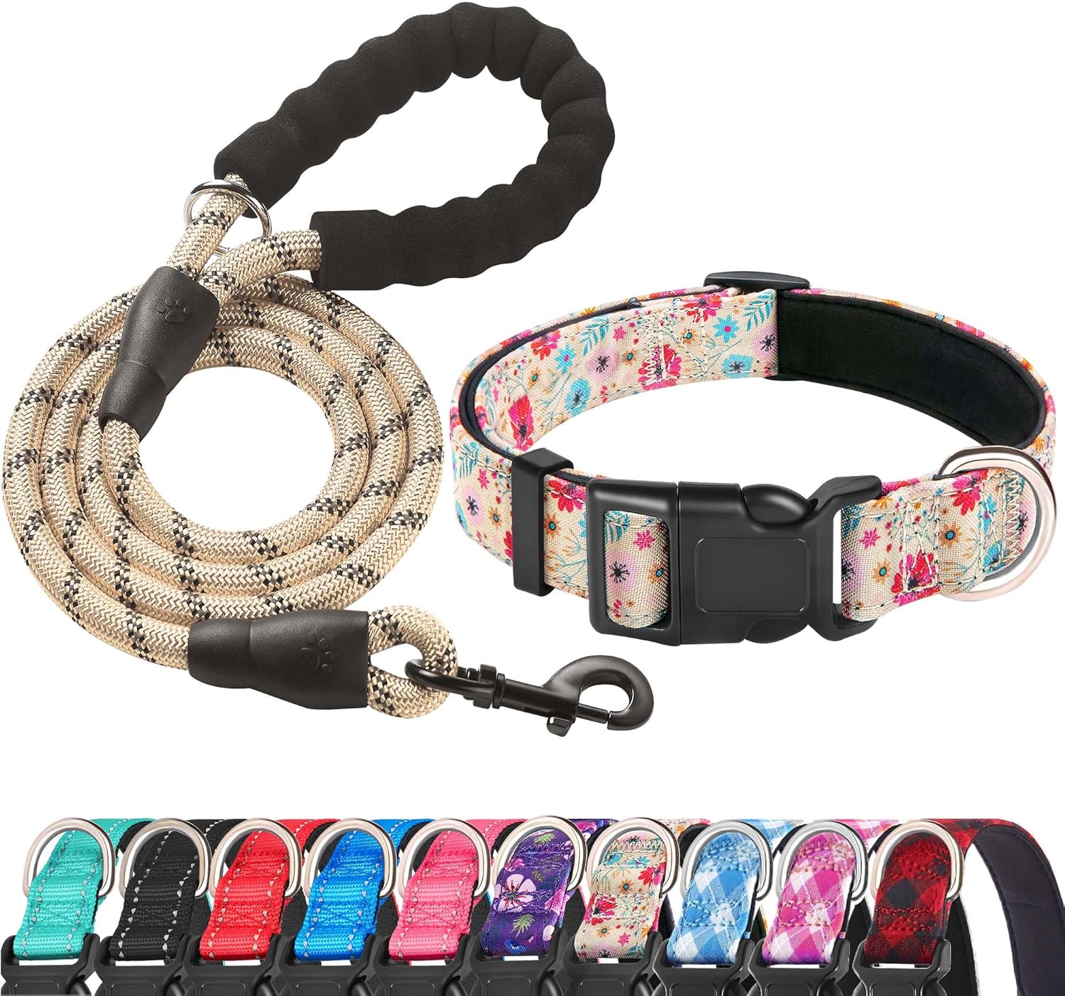 Reflective Dog Collar Padded with Soft Neoprene Breathable Adjustable Nylon Dog Collars for Small Medium Large Dogs (Medium (Pack of 1), Blue Collar+Leash)