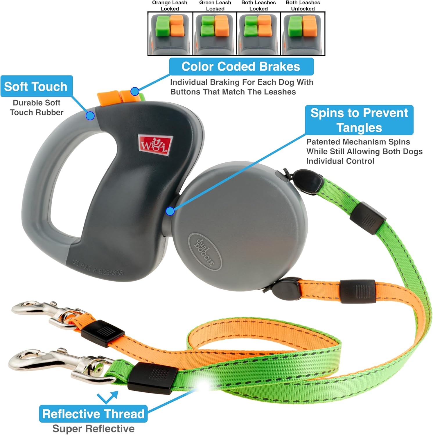 WIGZI - 2025 Enhanced Edition - Dual (2) Dog Retractable Leash, Auto-Untangles, Supports Up To 50lb Dogs, 10ft Distance Each Dog, Color-Coded Control, Reflective Leads, Waterproof, Gray Color