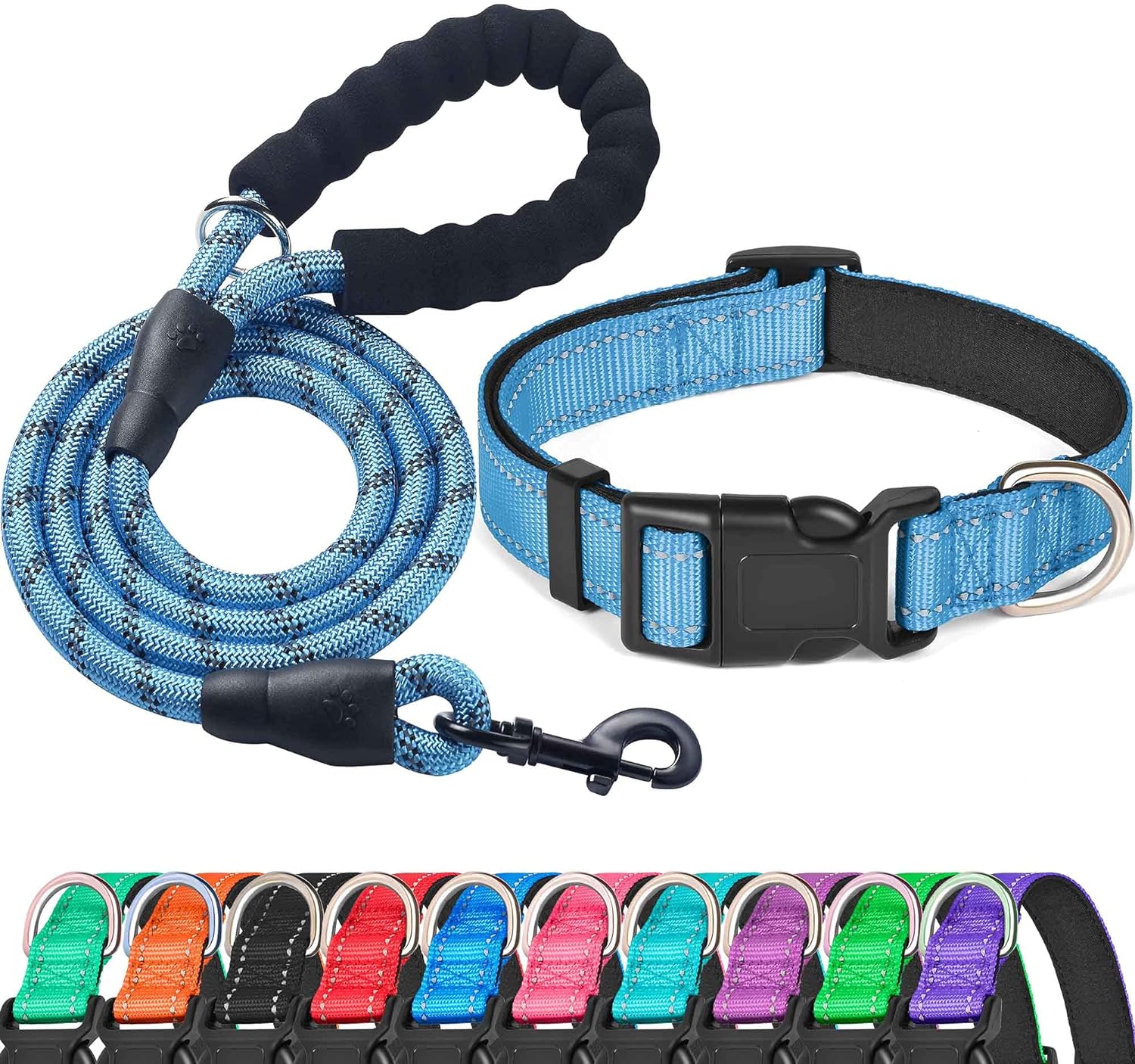 Reflective Dog Collar Padded with Soft Neoprene Breathable Adjustable Nylon Dog Collars for Small Medium Large Dogs (Medium (Pack of 1), Blue Collar+Leash)