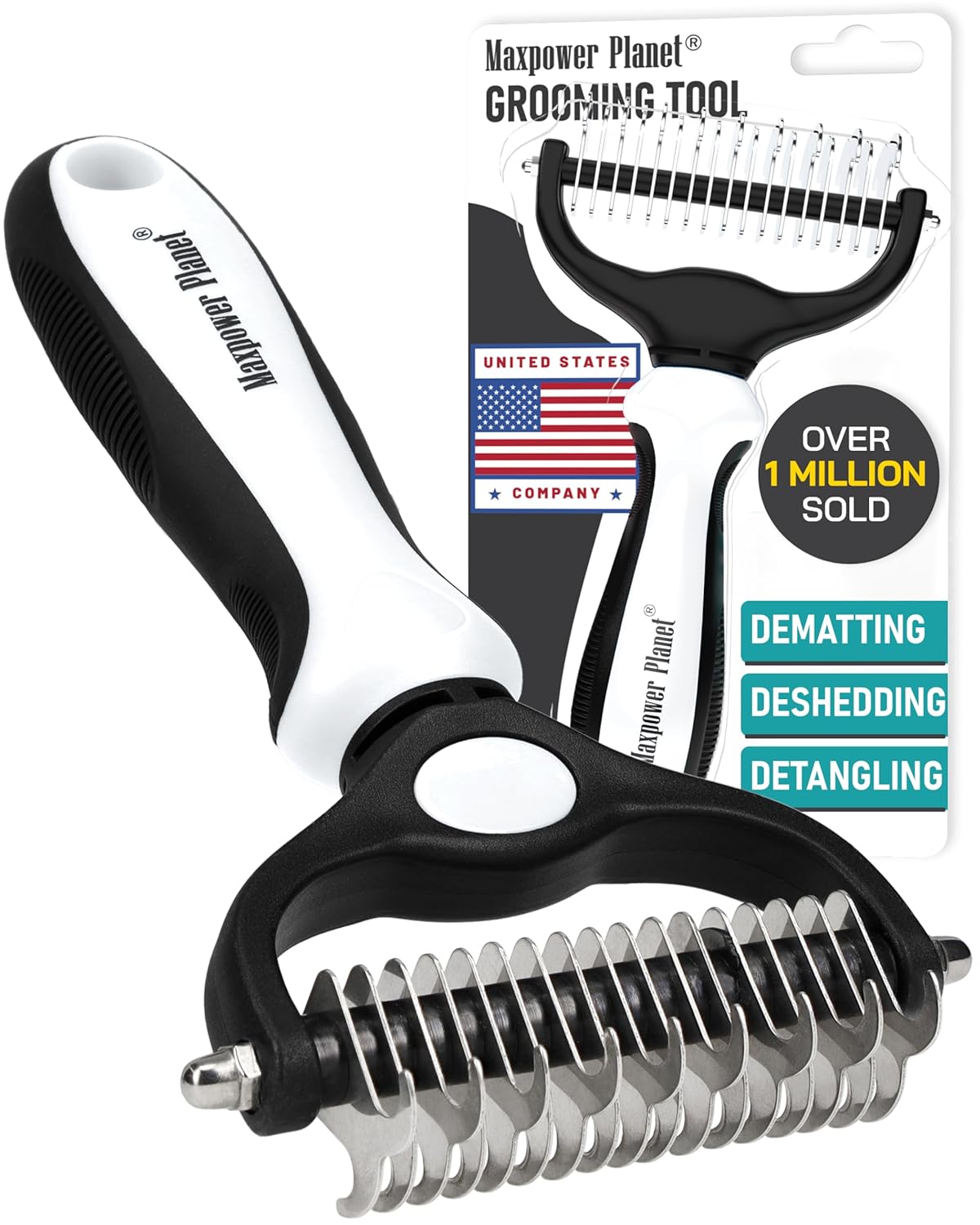 Maxpower Planet Original Pet Grooming Rake - Double-Sided Deshedding Dematting Tool, Undercoat Rake for Dogs & Cats, Extra-Wide Dog Grooming Brush & Deshedder Comb for Long Hair, Reduces Shedding 95%