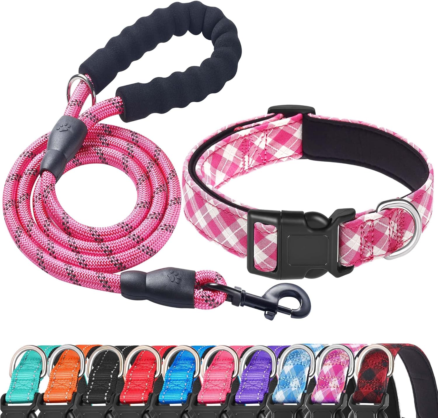 Reflective Dog Collar Padded with Soft Neoprene Breathable Adjustable Nylon Dog Collars for Small Medium Large Dogs (Medium (Pack of 1), Blue Collar+Leash)