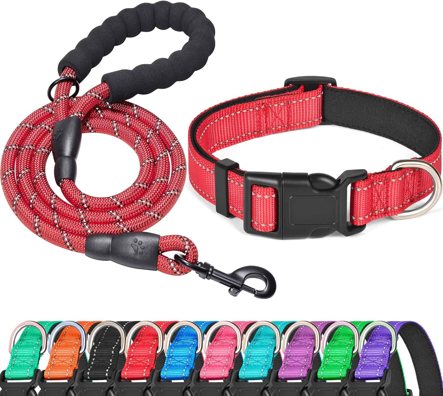 Reflective Dog Collar Padded with Soft Neoprene Breathable Adjustable Nylon Dog Collars for Small Medium Large Dogs (Medium (Pack of 1), Blue Collar+Leash)