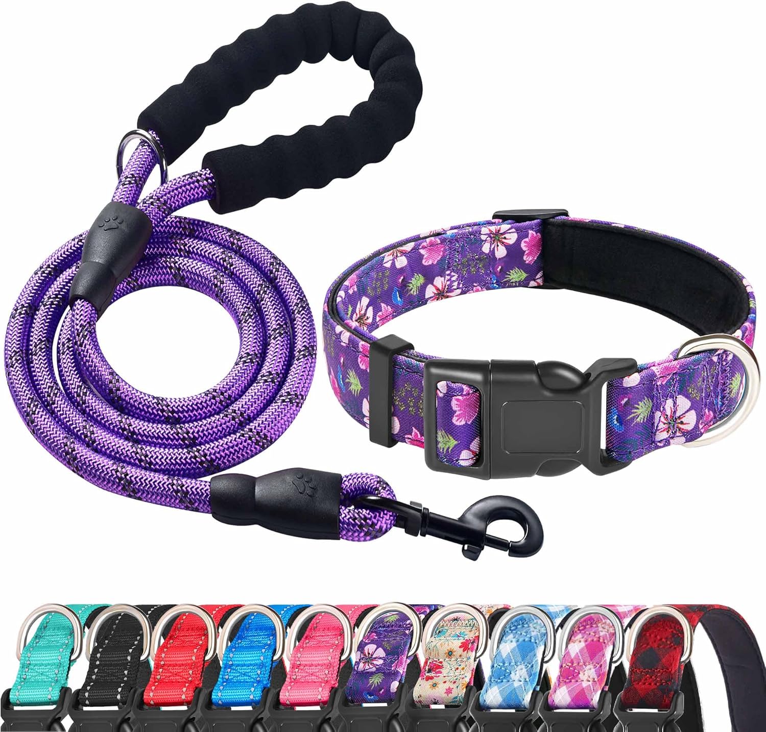 Reflective Dog Collar Padded with Soft Neoprene Breathable Adjustable Nylon Dog Collars for Small Medium Large Dogs (Medium (Pack of 1), Blue Collar+Leash)